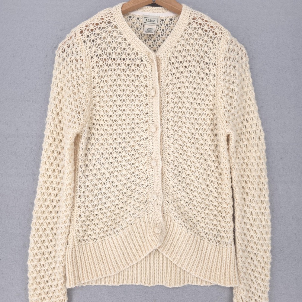 L.L.Bean Cardigan Sweater Womens XS White Crochet Knit Wool Angora Button